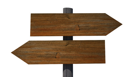 Old vintage empty wooden sign on road isolated on white backgroundの写真素材