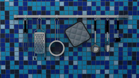 Kitchen cooking set on the brick wall