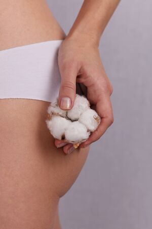 Woman wearing cotton panties and holding cotton flower close up. Female underwear made from natural organic materialsの写真素材