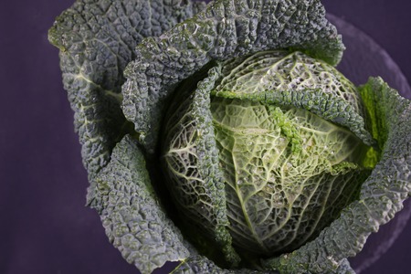 Savoy cabbage on black background. Fresh, raw, organic vegetables. Cooking background, healthy eating concept.の写真素材