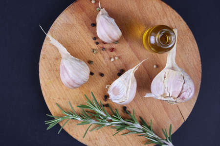 Cooking, Healthy eating concept. Garlic, Olive oil, herbs, spices.の写真素材