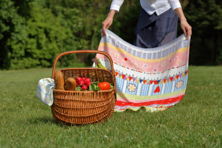 Woman with picnic basket and blanket in park, nature. Lunch break outdoors , Time for relax, Leisure Lifestyle Conceptの写真素材