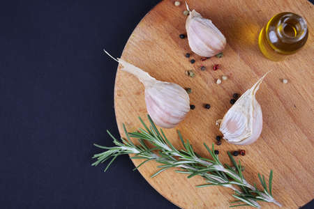 Cooking, Healthy eating concept. Garlic, Olive oil, herbs, spices.の写真素材