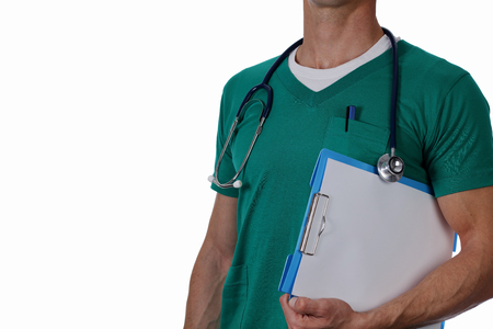 Portrait an unknown male doctor with a stethoscope isolated on white background. Health care and medical concept.の写真素材