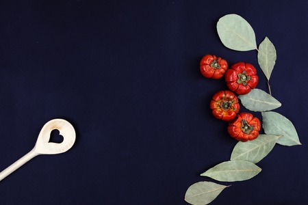Colorful dry vegetables and spices on dark background. Cooking, healthy eating concept, copy spaceの写真素材