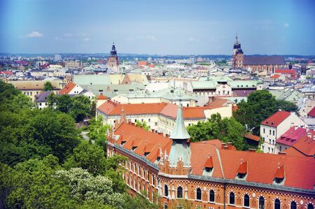 Scenic aerial view of red rooftops of medieval beautiful polish city Wroclaw, Breslau in past . Popular tourist travel destination in Poland. Summer view of Wroclawの写真素材