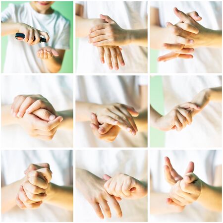 Collage of closeup pictures of hands with antibacterial liquid. Hand disinfection with antiseptic. Prevention of coronavirus covid-2019 infection during pandemic. Health and medical care for humansの写真素材