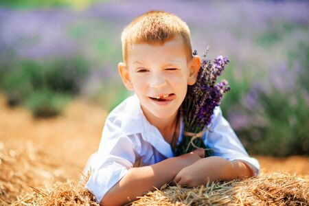Portrait of cute little blonde boy wearing white shirt sitting on straw in lavender field with bouquet of lavender in sunny summer day. Summer in Provence. Travel. Vintage styleの写真素材