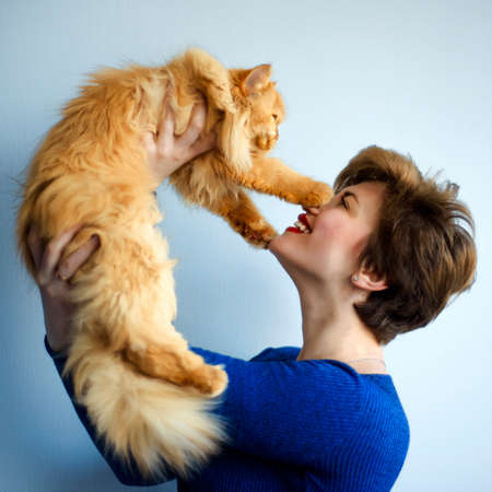 Portrait of short haired beautiful 30 years old woman in blue dress playing with ginger red furry persian cat. Domestic animal, pet and host together. People love kitten. Cat day.の写真素材