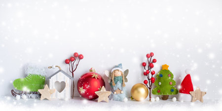 Christmas decorations on white backgroundの写真素材
