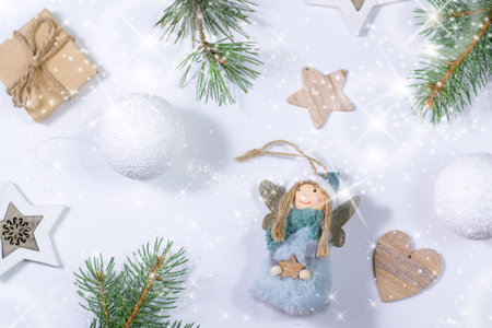 Christmas background with fir branches and snowflakesの写真素材