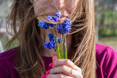 Young girl with blue muscari flowers in her hands closeupの写真素材