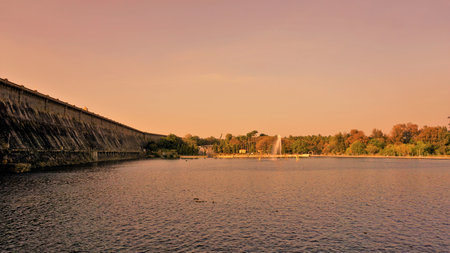 Beautiful landscape view of KRS Dam view from Brindavan Gardens. Perfect picnic spot or weekend gateway for people of Bangalore, Mysoreの写真素材