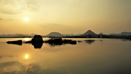 Beautiful scenic viewpoint at Gudibande Kere Viewpoint during sunset. Must visit place at evening.の写真素材