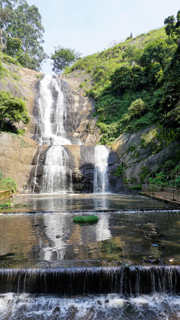 Beautiful scenic view of kodaikanal silver cascade water falls. Located in Top tourist attraction for family, friends and honeymoon destinationの写真素材