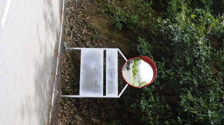 Outdoor traffic convex mirror in the hairpin bends and uphill road enroute to kodaikanal hilltop. Installed for improving safety.の写真素材