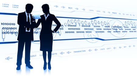 Businesswoman shows tablet to businessmanのイラスト素材