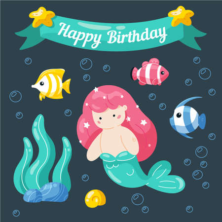 Cute little mermaid birthday card. Marine life cartoon characters in cute doodle style. Birthday card template.のイラスト素材