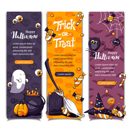 Halloween vertical banners with pattern on background. Hand drawn cartoon vector invitations with lettering. Orange and violet halloween banners with tombstone, broom, ghost, sweets and pumpkin.のイラスト素材