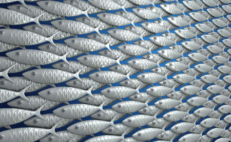 A school of stylised silvery fish swimming passed the camera in a regulatory patternの写真素材