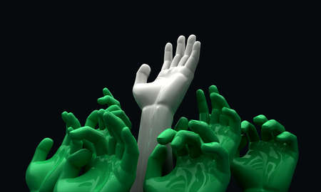 A group of 3D green hands reaching skyward with a white one reaching the furtherestの写真素材