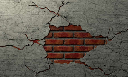 A plastered brick wall with the plaster cracked away revealing a brick centre