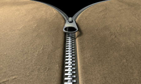 A perspective view of a leather item with a metal zipper half way zipped upの写真素材