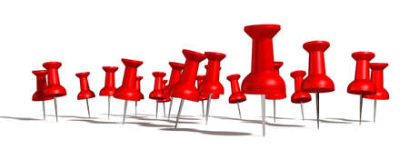 A collection of red coloured push pins pierced into an area