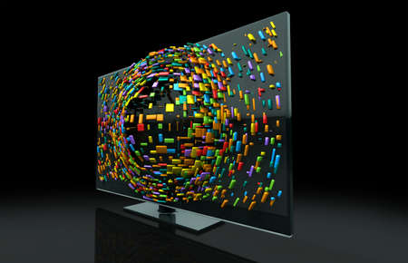 A 3DTV Television concept of a flat screen LCD or LED TV with colorful fragmented cubes emitting out...