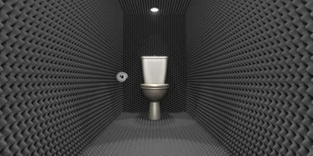 A crude concept depicting a porcelain toilet with a tissue paper roll located in a room clad in sound proofing with downlightersの写真素材