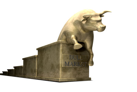 A literal depiction of a typical bull market, showing statuettes cast in gold of an upward trending graph with a bull emerging from the endのeditorial素材