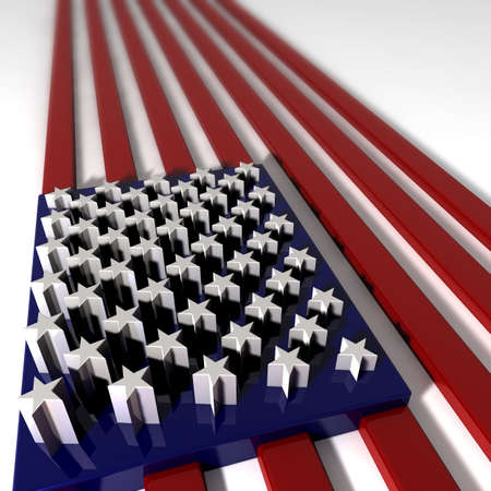 A USA flag laid out on a white floor with all the different elements extruded in three dimensional shapes in the relevant glossy colorsの写真素材