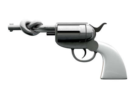 A side on view of metal revolver with a white grip with its barrel twisted in a simple knot