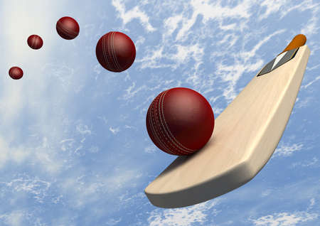 A floating cricket bat hitting a red leather cricket ball along a curve against a blue sky