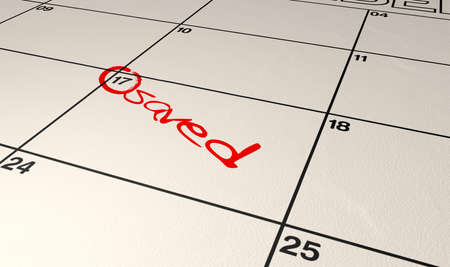 A calendar with with the date circled  and the word saved written in red marker pen