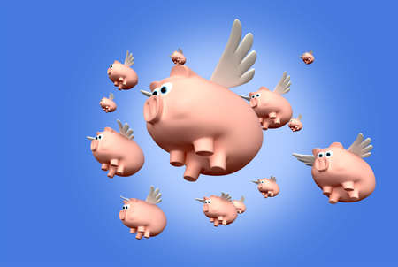 A literal description of a herd of pink pigs with wings flyingの写真素材