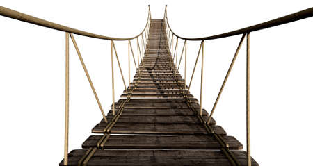 A rope bridge made of wooden planks held together by rope and secured by wooden pegs on an isolated backgroundの写真素材