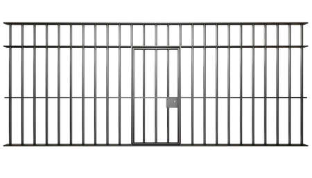 A front view of the bars of a jail cell with iron bars and a door on an isolated background