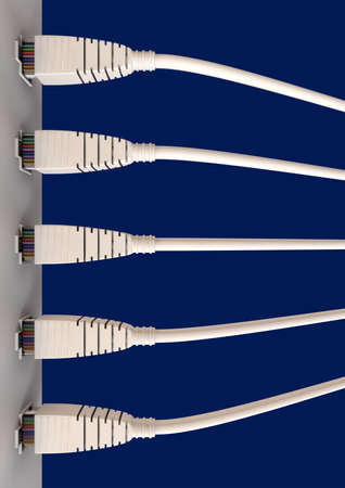 A top view close-up of five ethernet plugs plgged into a ethernet port on a blue background