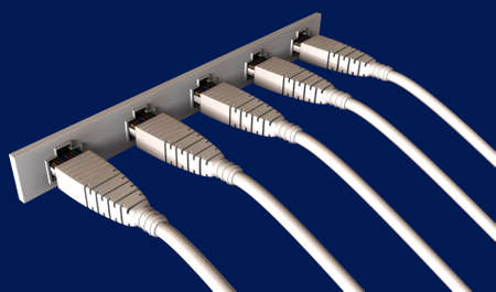A close-up of five ethernet plugs plgged into a ethernet port on a blue background