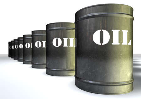 A group of lined up metal oil drums with the white label that says oilの写真素材