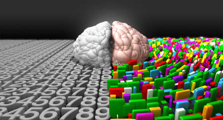 A typical brain with the left side depicting an analytical, structured and logical mind, and the...