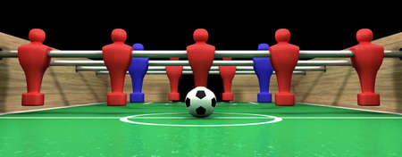One half of a foosball table at ground level with a soccer ball in front of the red team ready to...