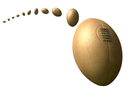 A retro classic rugby ball  with the balls flight path plotted through the air on an isolated white backgroundの写真素材