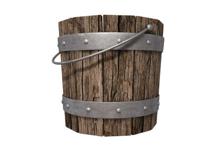 A vintage wooden bucket with metal ring supports and a handle on an isolated backgroundの写真素材