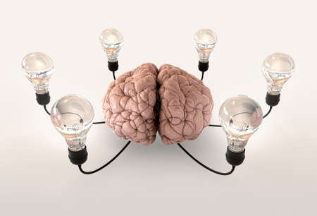 A regular brain encircled by six cords attached to regular lightbulbs on a light backgroundの写真素材
