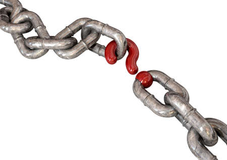 A worn chain with a question mark as one of its links on an isolated backgroundの写真素材