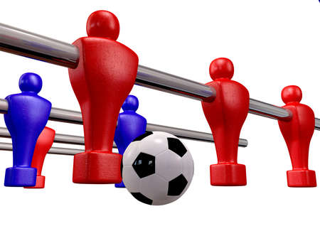 Foosball players of a blue and red team competing for a soccer ball on an isolated background
