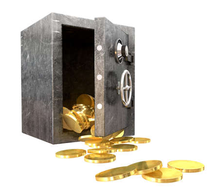 A regular metal safe with an open door spilling out gold coins an isolated backgroundの写真素材