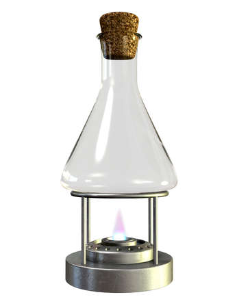 A regular empty chemistry bottle sealed with a cork on a lit bunsen burner on an isolated background